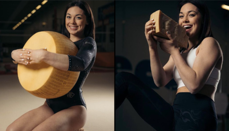 Giorgia Villa holding giant wheels of parmesan cheese